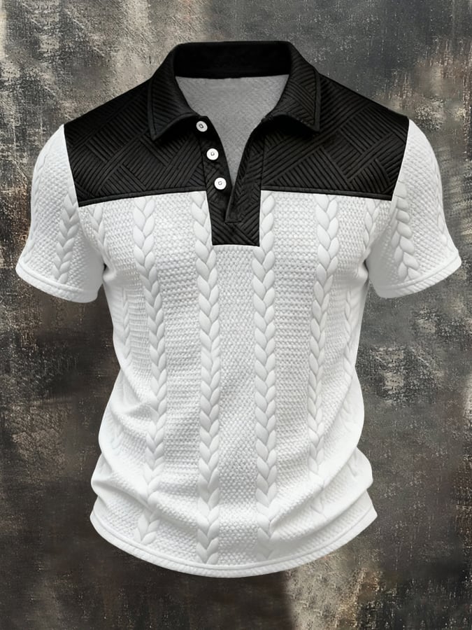 Men'S Fashion Short-Sleeve Polo Shirt With Textured Paneling And Color-Block Design