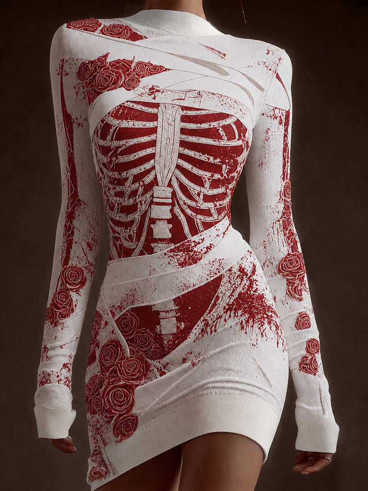 Classy Skeleton Anatomy Bloody Roses Bandages Knit Sweater Dress