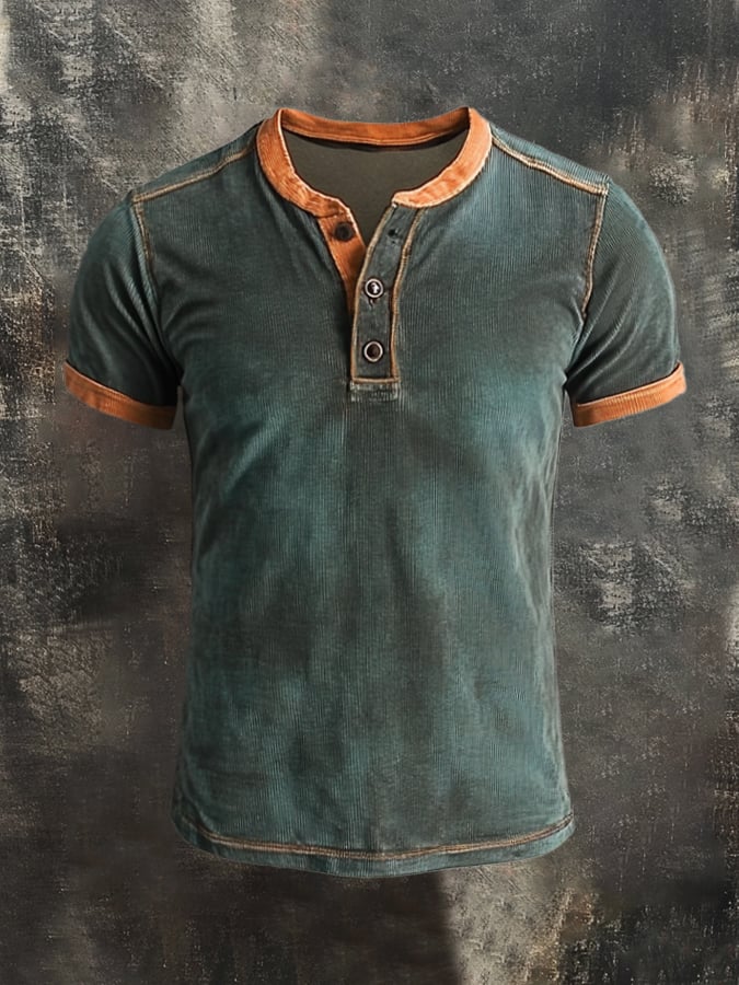 Men's Vintage Washed Cotton Casual Henley Short Sleeve T-Shirt