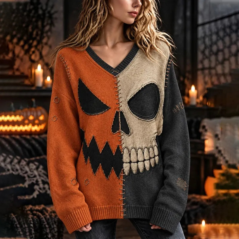 Women's Halloween Color-block Pumpkin Skull Knit V-neck Sweater