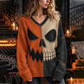 Women's Halloween Color-block Pumpkin Skull Knit V-neck Sweater