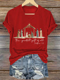 V-Neck Retro Christmas The Greatest Gift Of All Is Jesus Matthew 1:21 Print T-Shirt