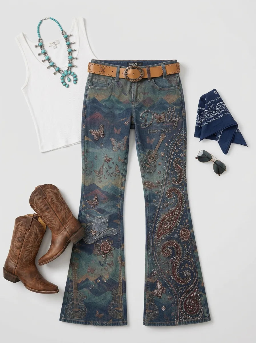 Women's Dolly Parton Butterfly Guitar Paisley Printed Flare Pants