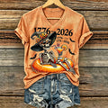 Women's Halloween Skeleton And America's 250th Anniversary Art Crewneck Casual T-shirt