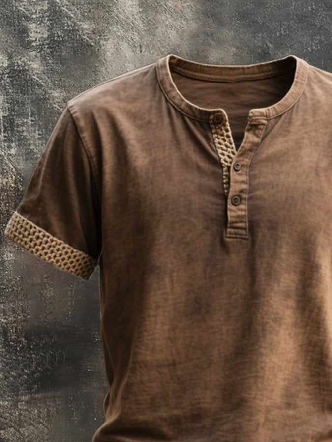 Men's Vintage Distressed Colorblock Casual Henley Short Sleeve T-Shirt