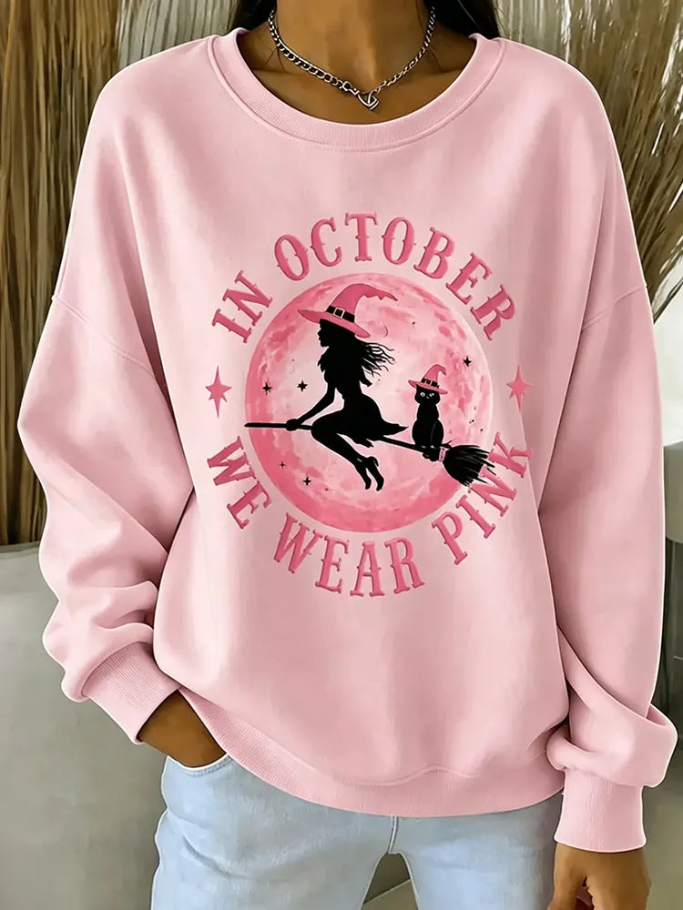 Women's Pink Halloween Art Print Breast Cancer Awareness Casual Crew Neck Sweatshirt