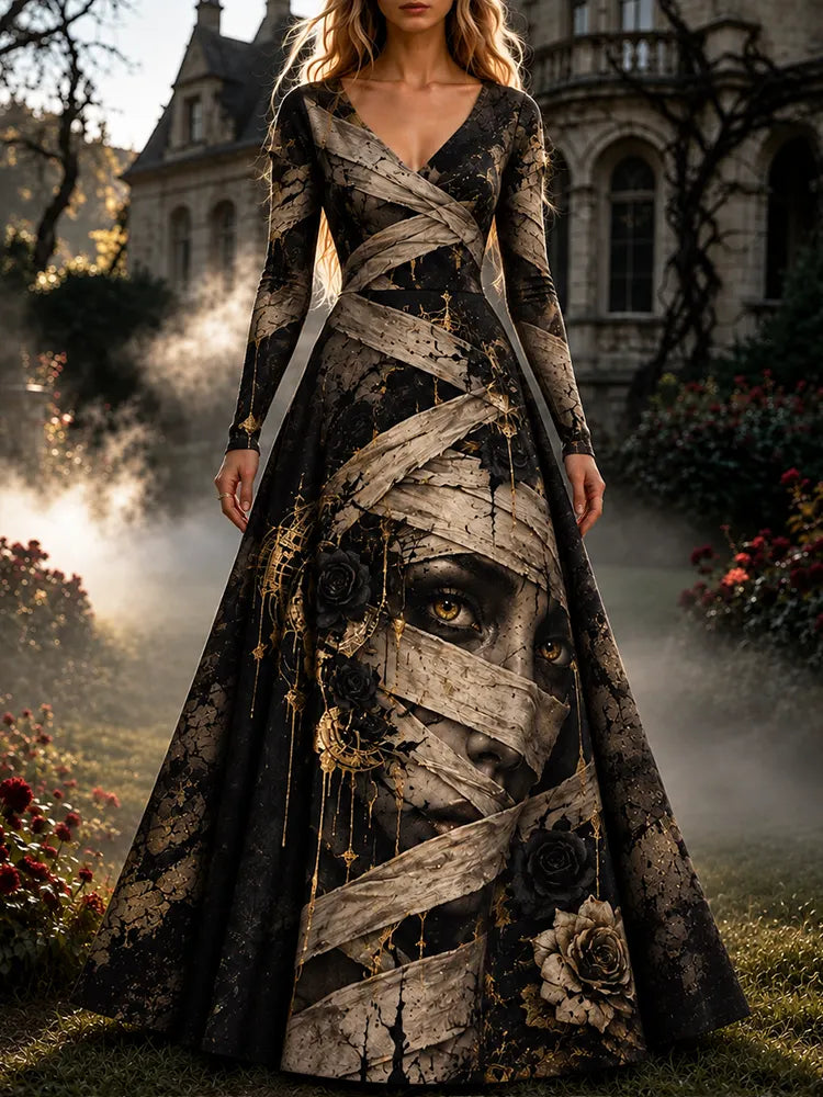 Women's Gothic Wrapped Mummy Face & Black Roses Long Sleeve Maxi Dress