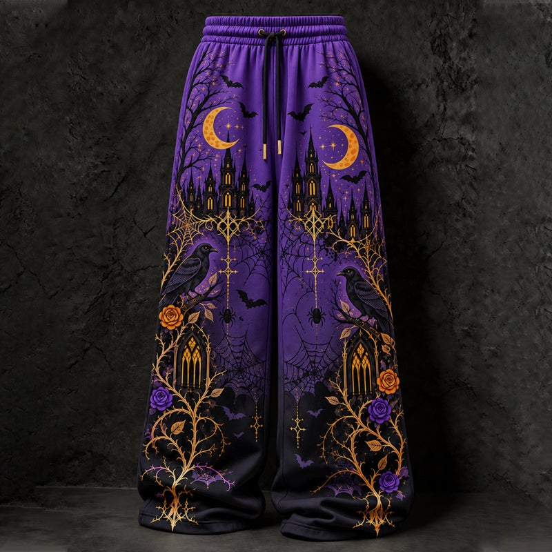 Women's Halloween Gothic Spiderweb And Crow Print Loose Pants
