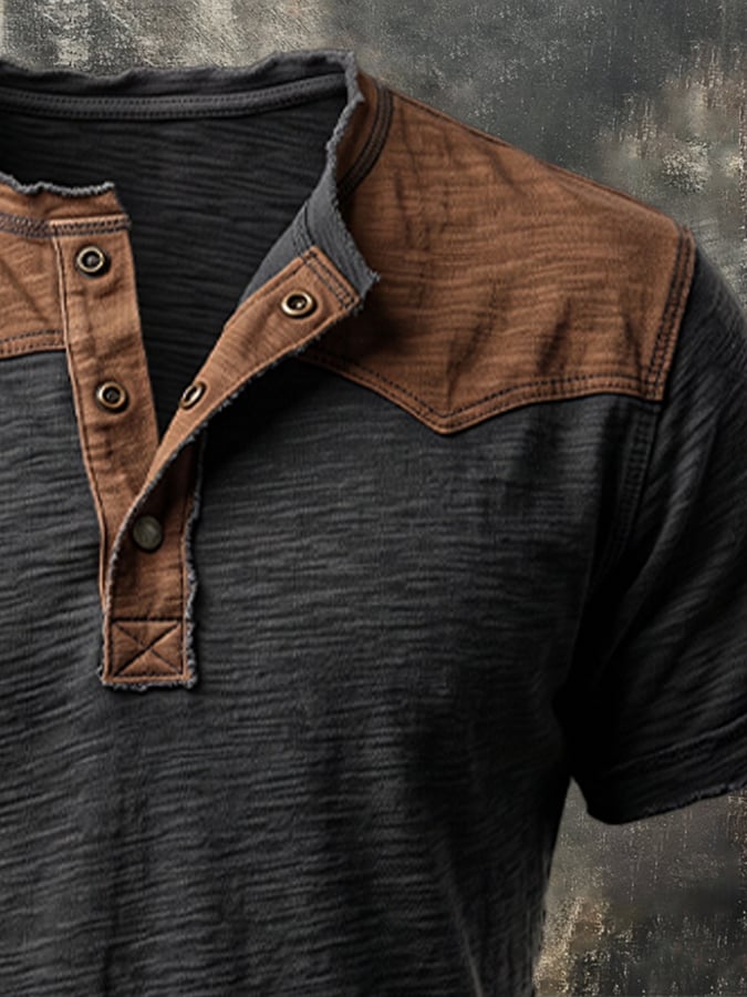 Men's Vintage Slub Cotton Color-Block Henley T-Shirt