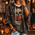 Vintage Distressed Gothic Skull Rose Heart Hand Hoodie