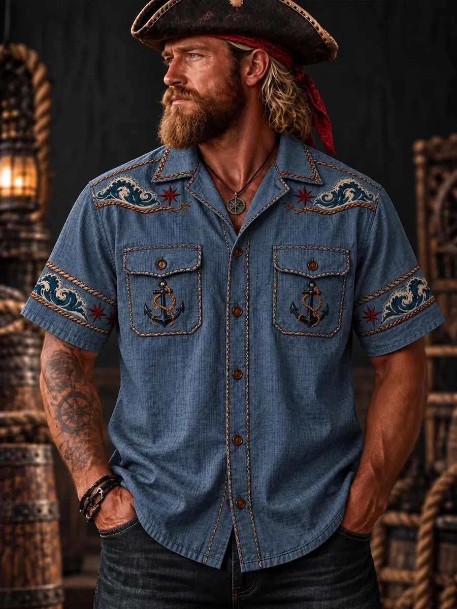 Men’s Vintage “LOST AT SEA” Old Salt Pirate Short Sleeve Shirt