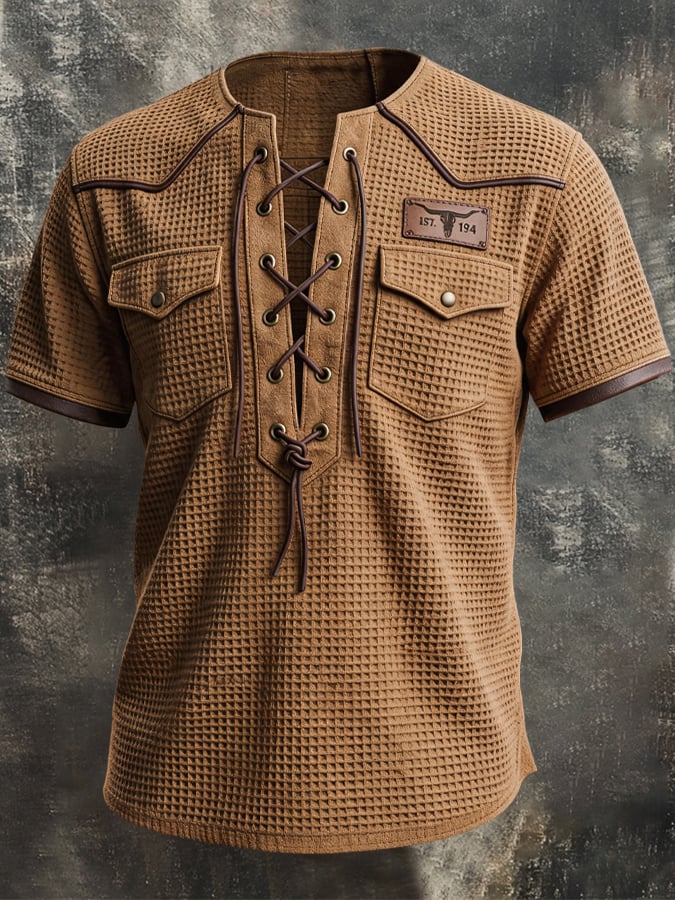 Men's Vintage Waffle-Knit Lace-Up Henley Short-Sleeve T-Shirt
