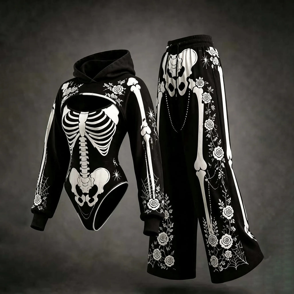 Women's Retro Halloween Skeleton Rose Print Hoodie Three-piece Set