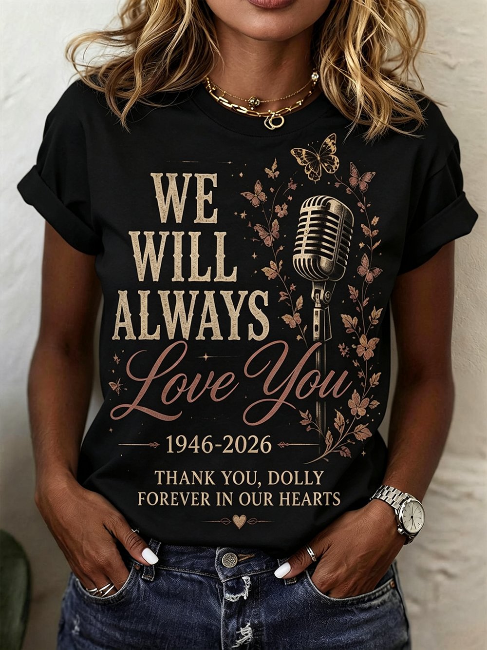 Women's "We Will Always Love You" Print Crew Neck T-Shirt