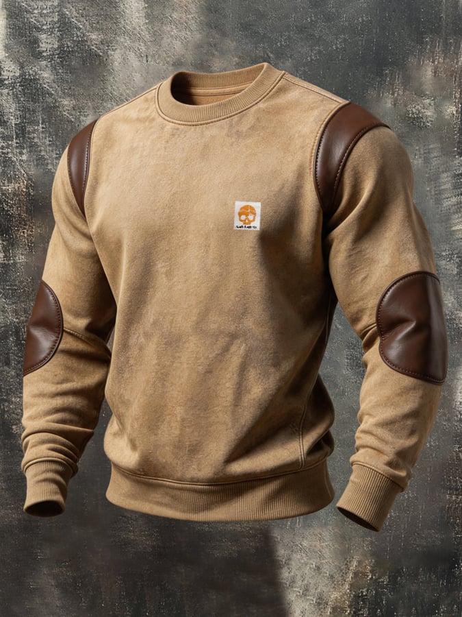 Men'S Retro Color-Block Crew-Neck Sweatshirt With Leather Paneling
