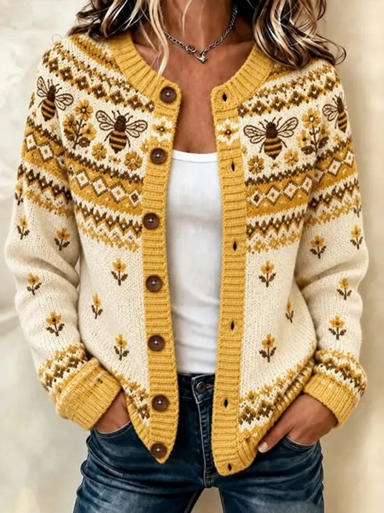 Women's Vintage Bee And Floral Print Casual Knit Cardigan Sweater
