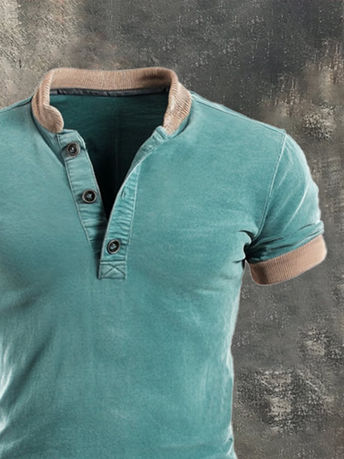 Men's Vintage Color Block Cotton Casual Henley Short Sleeve T-Shirt
