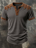 Men's Vintage Washed Cotton & Leather-Panel Lace-Up T-Shirt