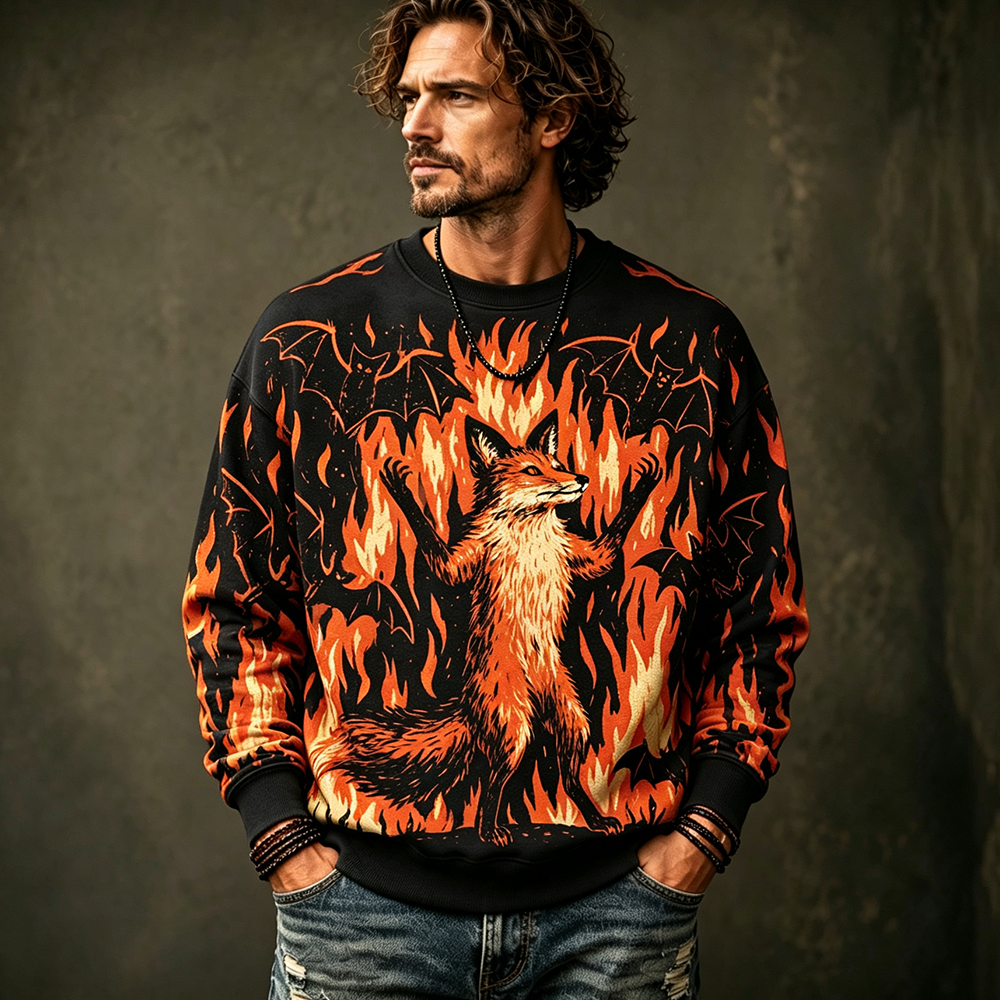 Men's Crewneck Sweatshirt Featuring Fox In Blazing Flames And Flying Bats Graphic