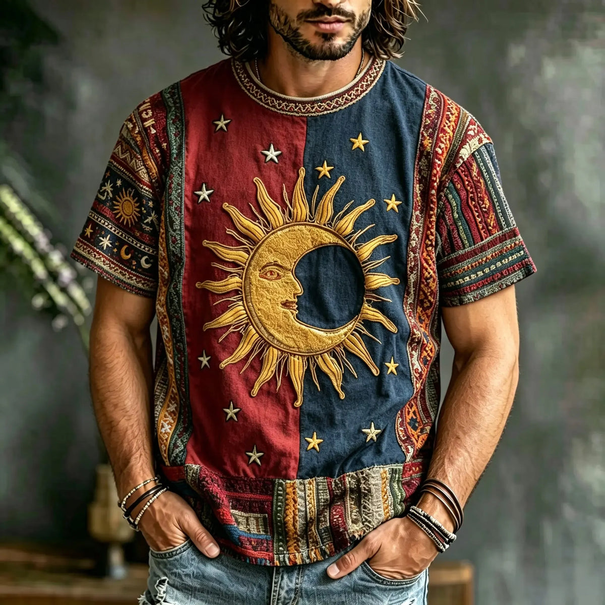 Men's Sun Moon Star Graphic Print Crew Neck Short Sleeve T-Shirt