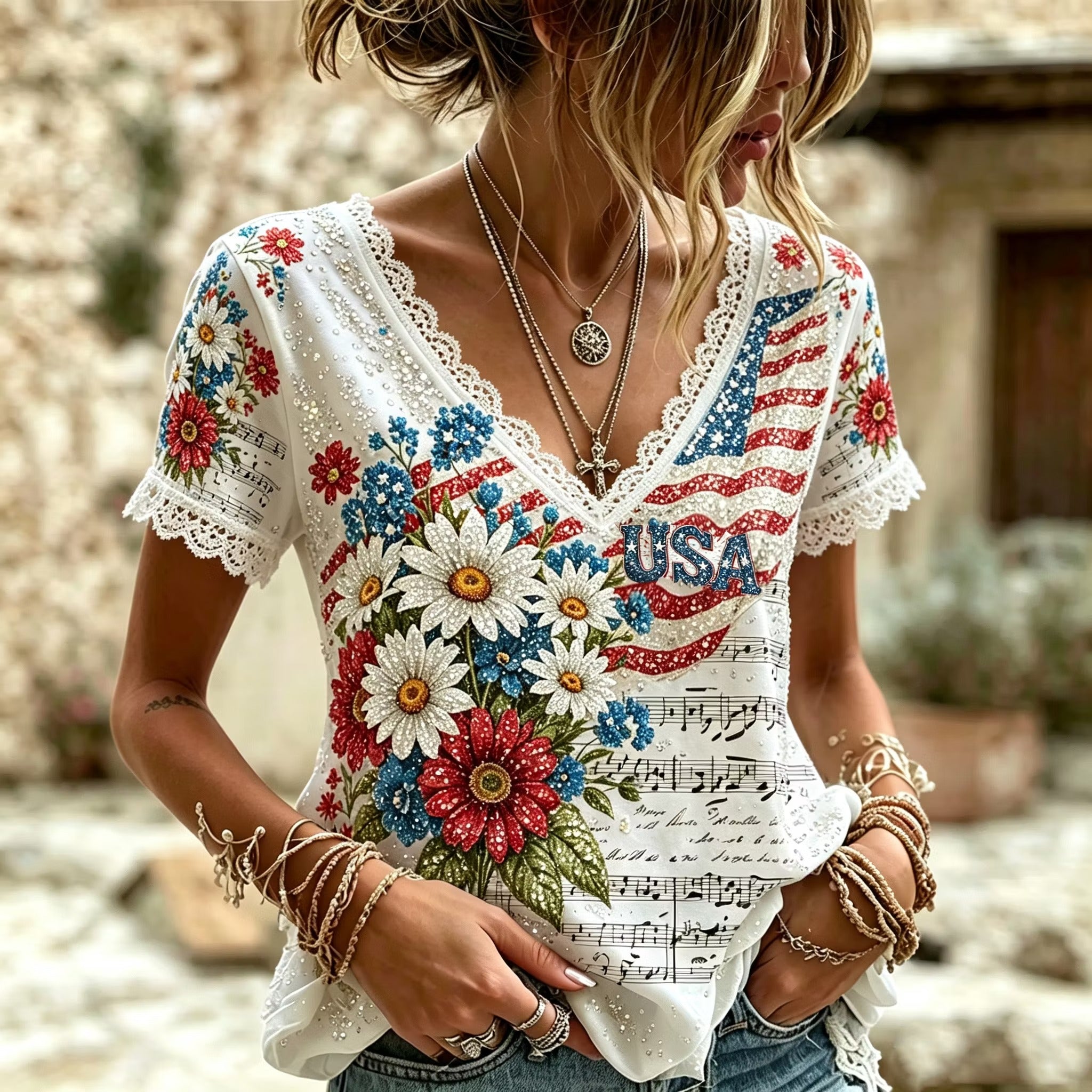 Women's Vintage American Flag, Floral, And Sheet Music Print V-neck Top