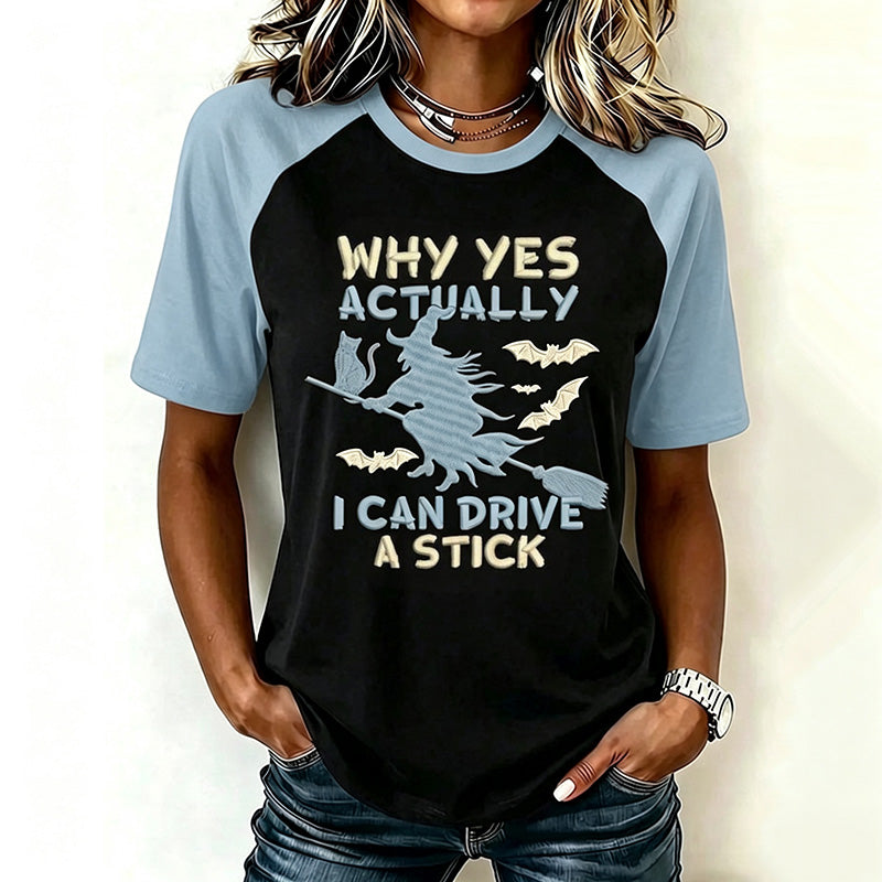 Women's Retro Halloween Theme Pattern I Can Drive A Stick Print Short-sleeve T-shirt