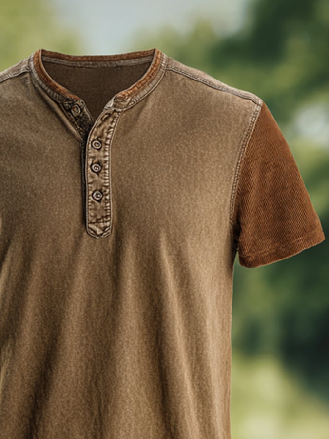 Men's casual retro washed cotton colorblock Henley t-shirt