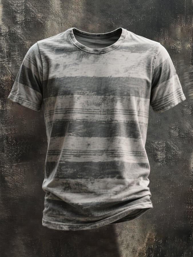 Men's retro striped round neck T-shirt