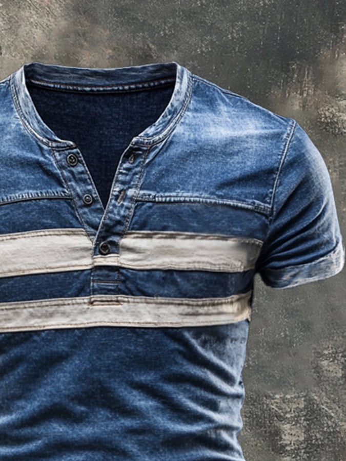 Men's casual retro color-block Henley T-shirt