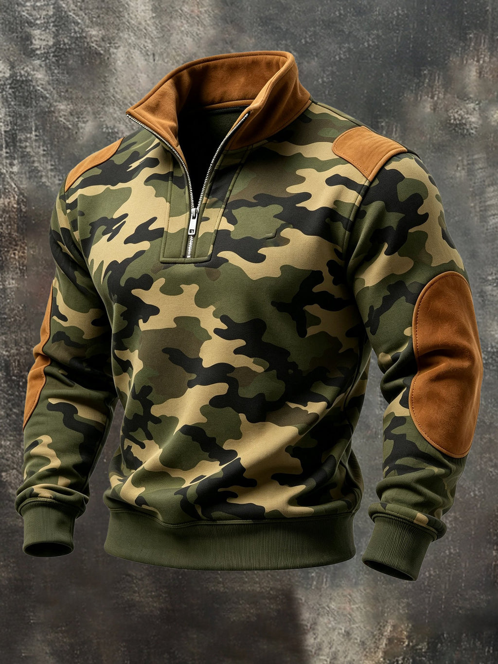 Men's Retro Camouflage-Panel Faux Suede Zip-Up Sweatshirt