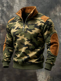 Men's Retro Camouflage-Panel Faux Suede Zip-Up Sweatshirt