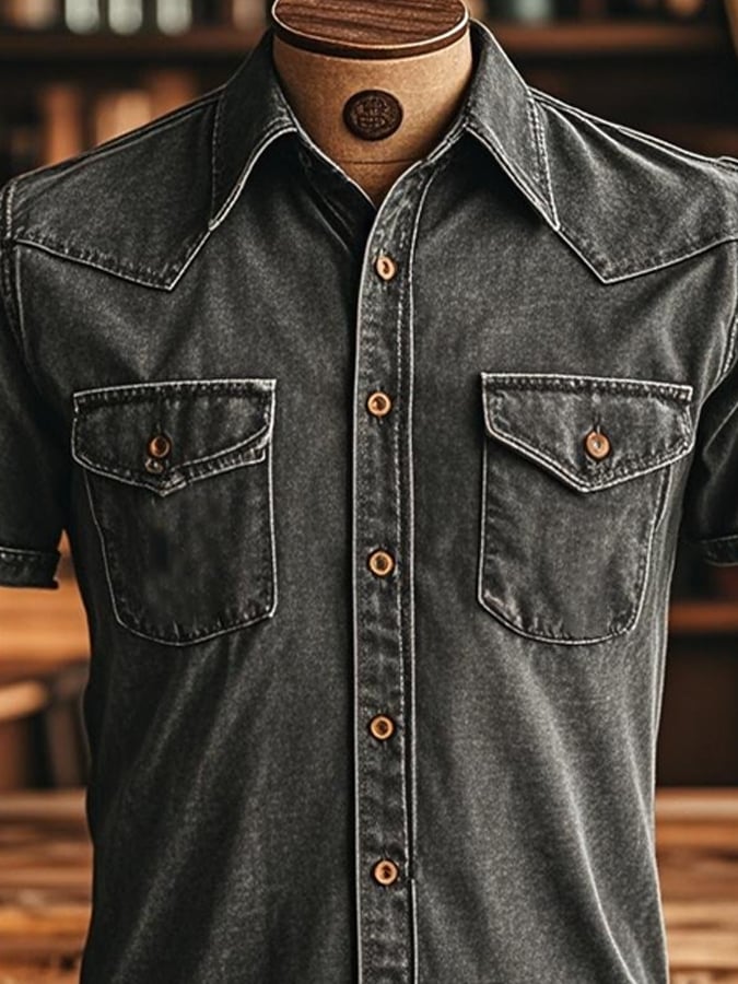Men's vintage twill shirt with two pockets and short sleeves in a used look