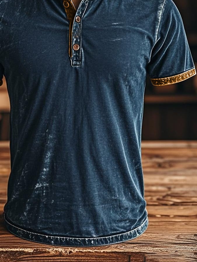 Men's vintage-style Henley print short-sleeved T-shirt