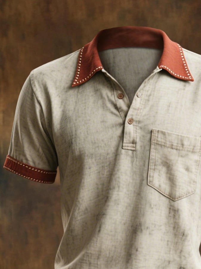 Men's casual short-sleeved polo shirt in retro color block style