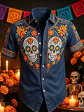 Men's Day Of The Dead Twin Skulls Colorful Floral Print Short Sleeve Buttons Shirt