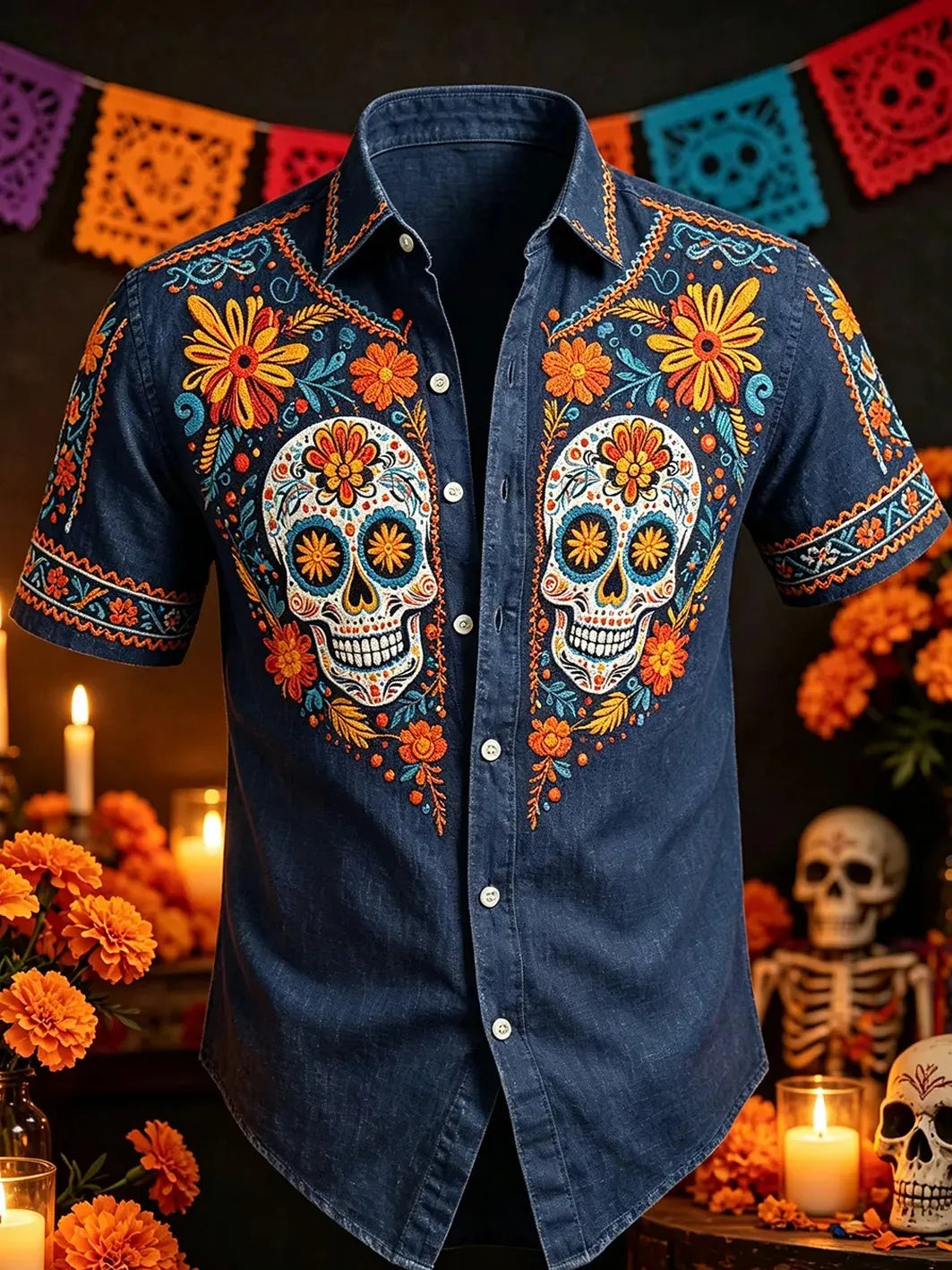 Men's Day Of The Dead Twin Skulls Colorful Floral Print Short Sleeve Buttons Shirt