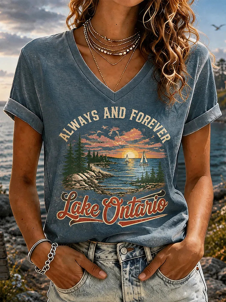 Retro Sunset Lakeside Ontario Timeless V-neck T-shirt
