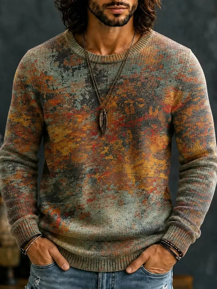 Men's Earthy Tone Fragmented Autumn Textured Blotches Print Round Neck Sweater