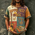 Men's Color Block Hippie Peace Guitar Print Crew Neck Short Sleeve T-Shirt