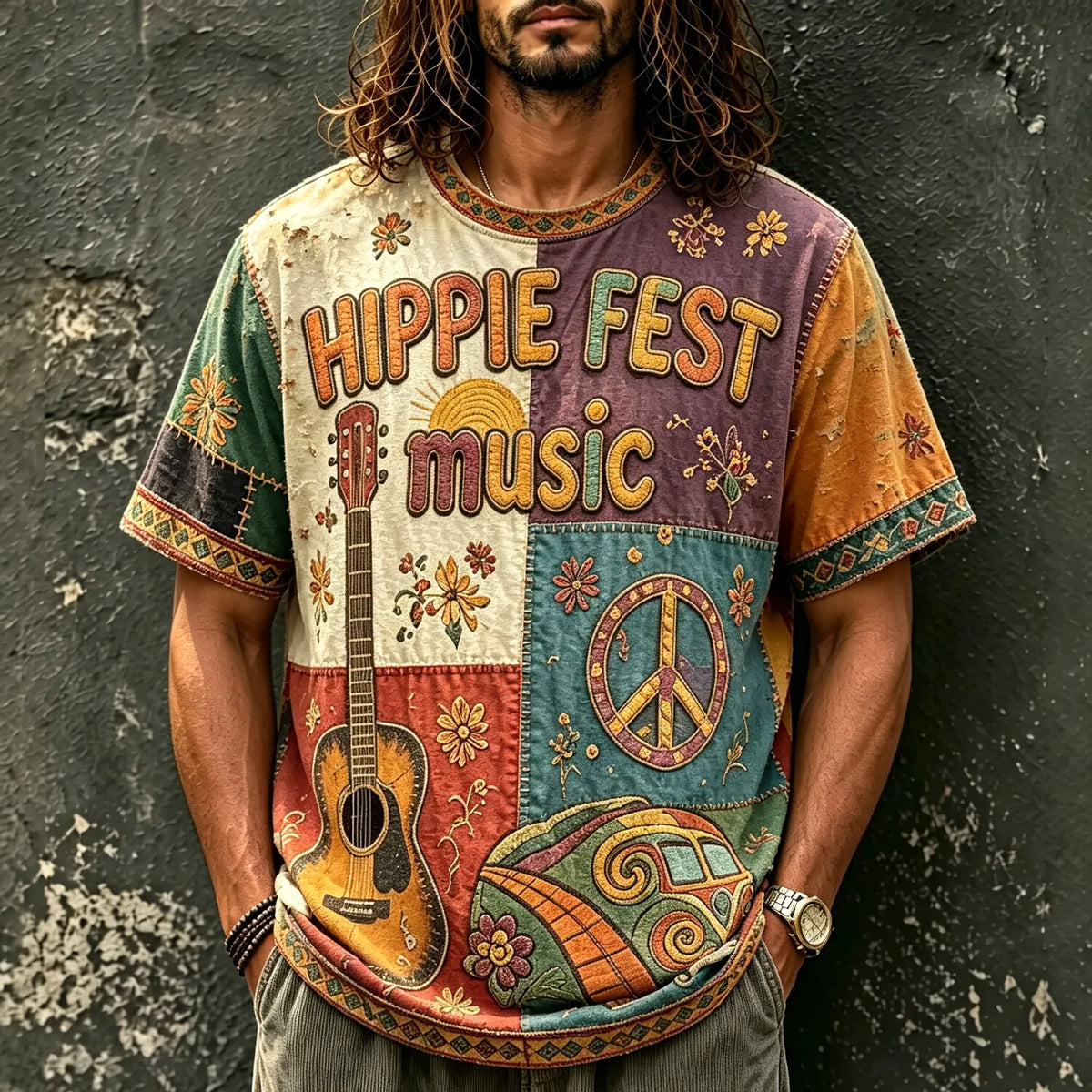 Men's Color Block Hippie Peace Guitar Print Crew Neck Short Sleeve T-Shirt