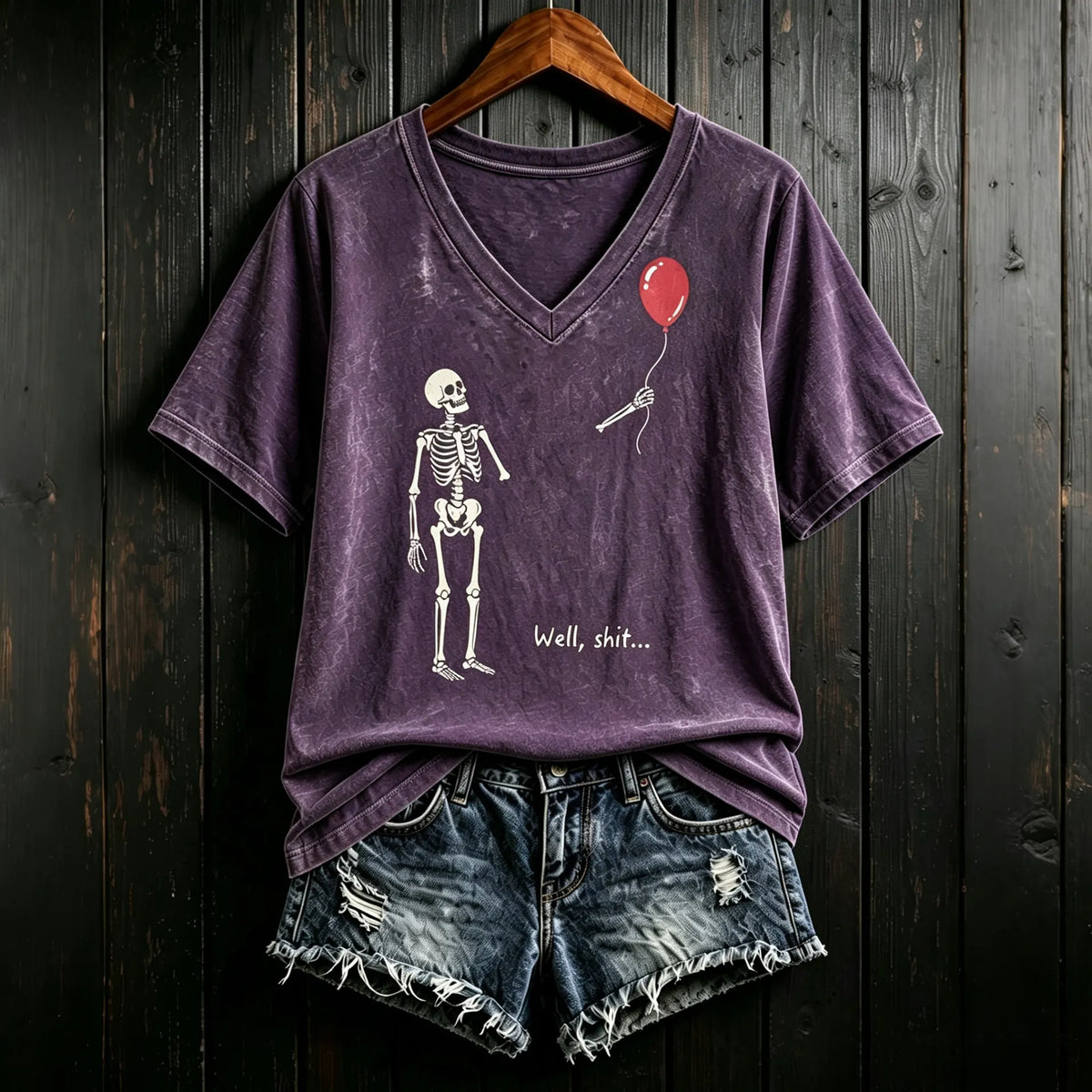 Women's Vintage Skeleton Lost Balloon Well Shit Funny Skeleton Graphic Print Casual T-shirt