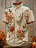Men's Day Of The Dead Hummingbird Skeleton Butterflies And Dahlia Blooms Print Stand Collar Short Sleeve Shirt