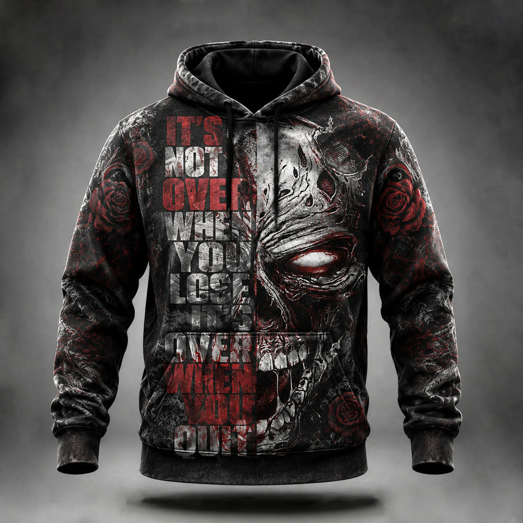 Men's Retro Washed Gothic Style Distressed Half-face Zombie Skull Rose Pattern Inspirational Quotes Street Style Hoodie