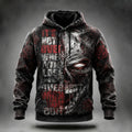 Men's Retro Washed Gothic Style Distressed Half-face Zombie Skull Rose Pattern Inspirational Quotes Street Style Hoodie