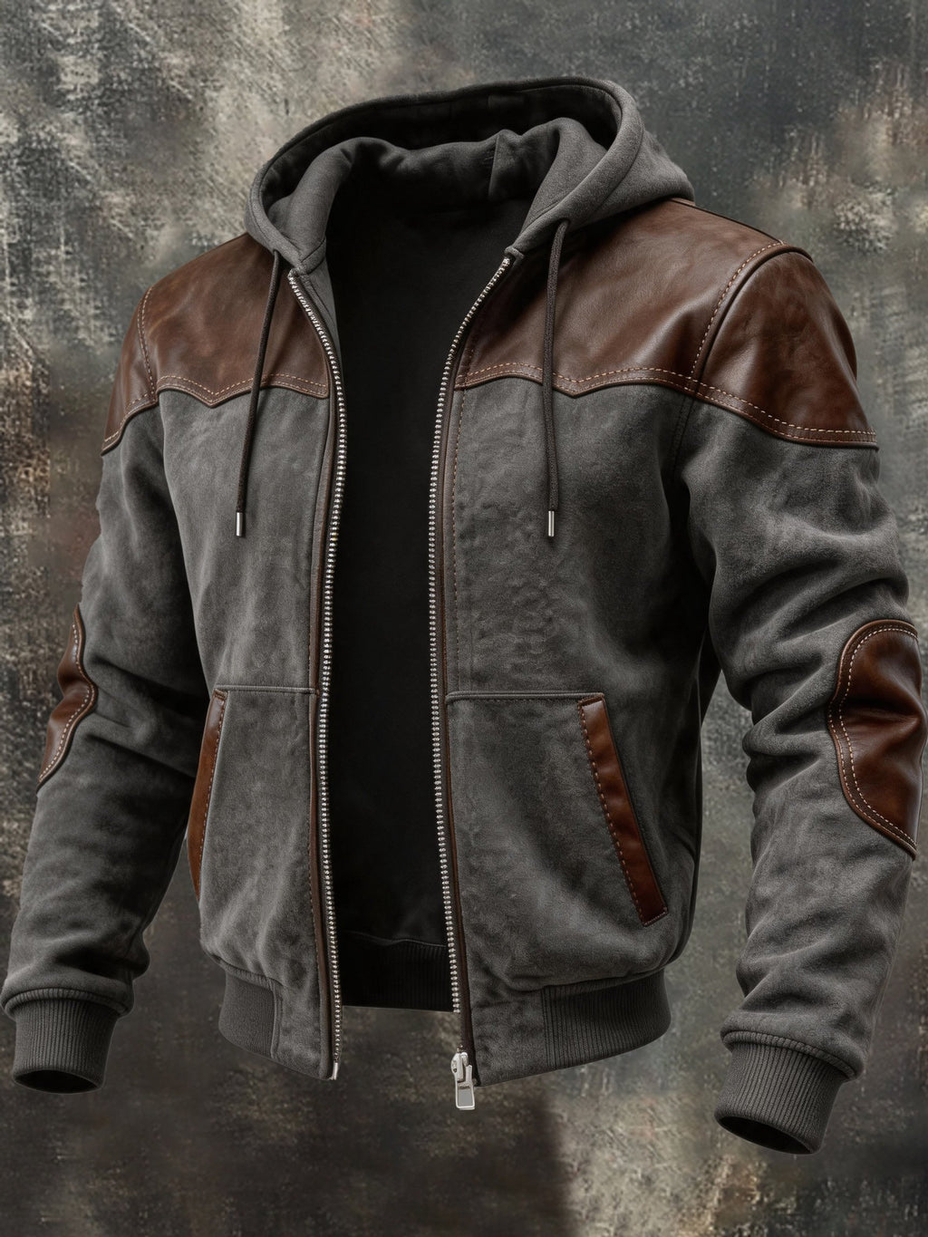 Men’s Vintage-Style Leather-Paneled Hooded Jacket
