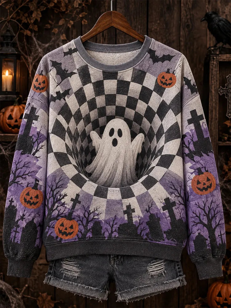 Women's Halloween 3d Ghost Checkered Crewneck Sweatshirt