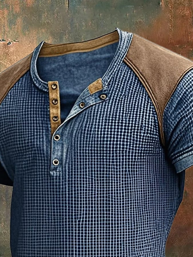 Men's Vintage Distressed Waffle Henry Short Sleeve T-Shirt