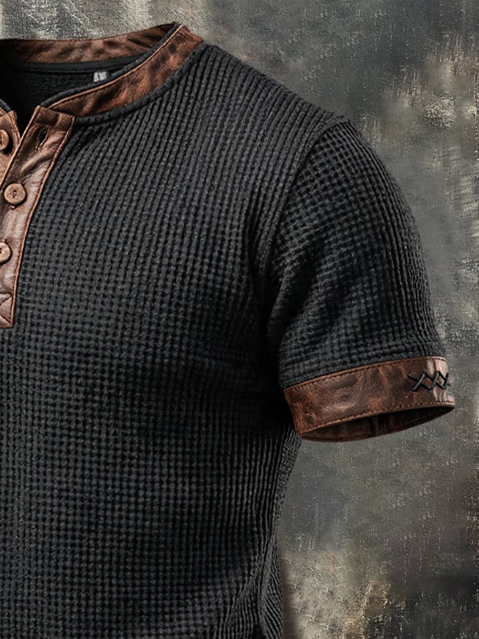 Men'S Retro Color-Block Short-Sleeve Henley T-Shirt With Waffle Knit And Leather Paneling