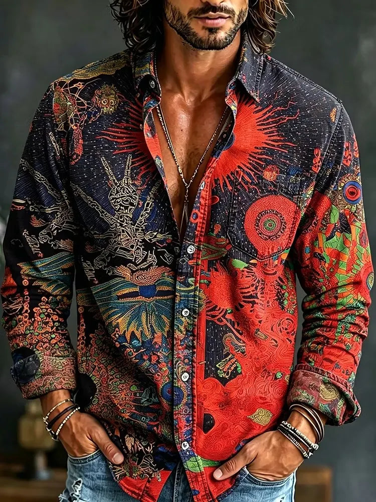 Men's Intricate Vintage Psychedelic Ethnic Print Long Sleeve Pocket Shirt