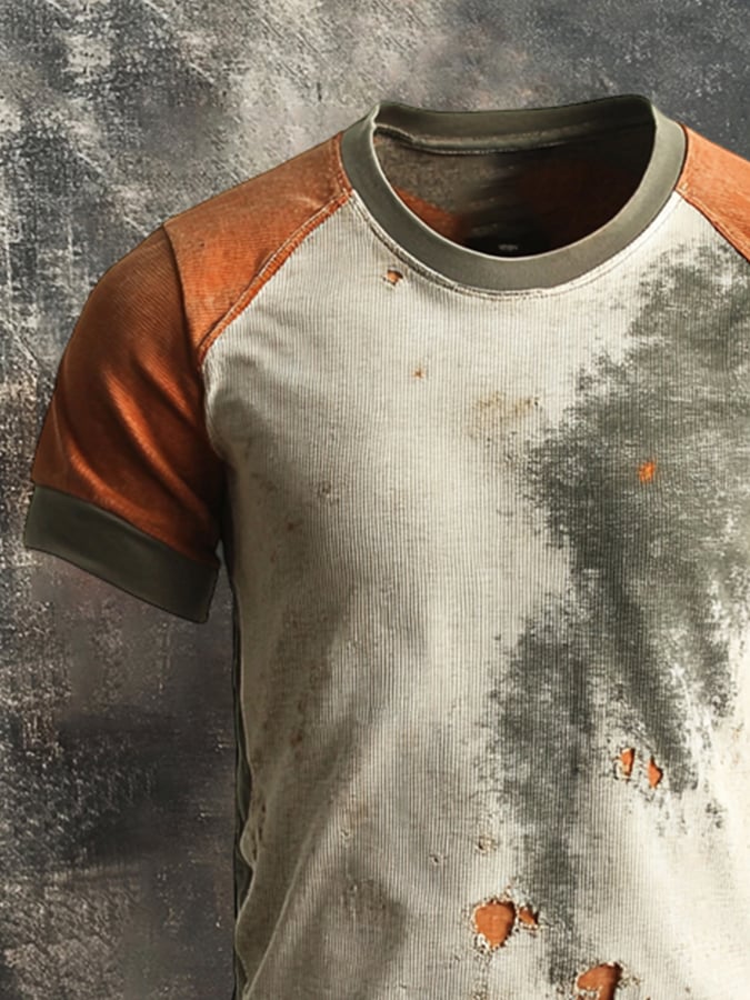 Men's round neck short sleeve t-shirt in retro color block design